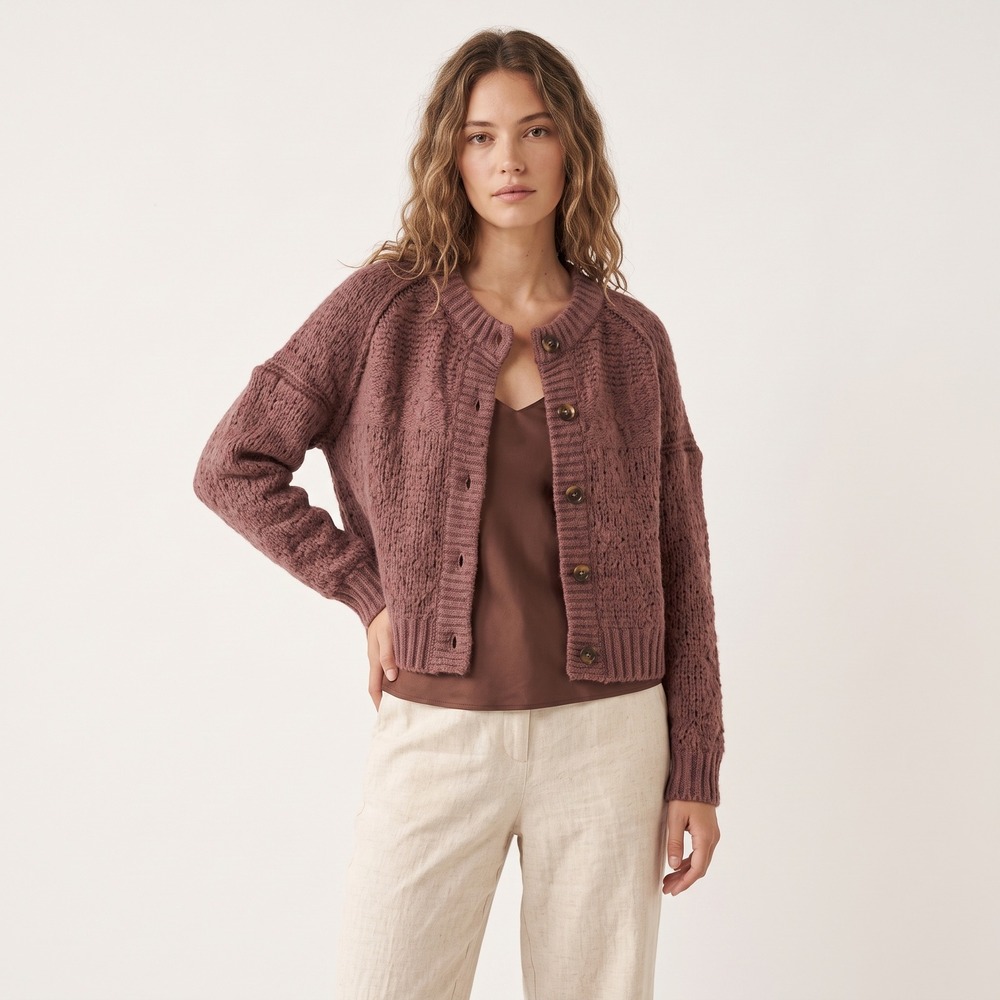 EVERLANE Alpaca Merino Wool Blend Cardigan Brown Textured Knit Sweater XL $168